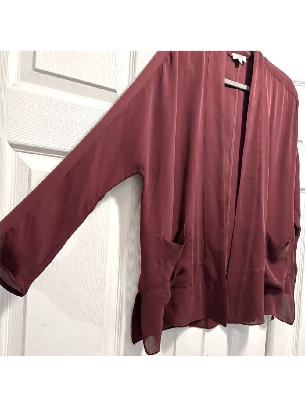 Aritzia Wilfred 100% Silk Cardigan Open Front Drapey Semi Sheer Burgundy Size XS - Picture 3 of 8